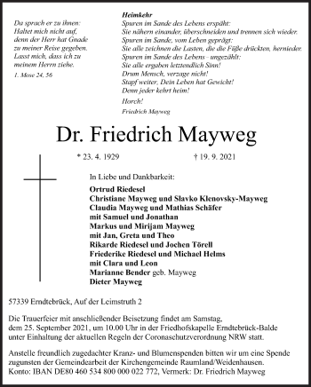 Traueranzeige von Friedrich Mayweg von Siegener Zeitung