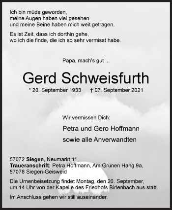 Traueranzeige von Gerd Schweisfurth von Siegener Zeitung
