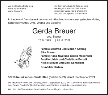 Traueranzeige von Gerda Breuer von Siegener Zeitung
