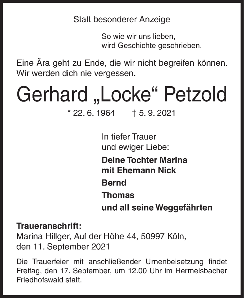  Traueranzeige für Gerhard Petzold vom 11.09.2021 aus Siegener Zeitung