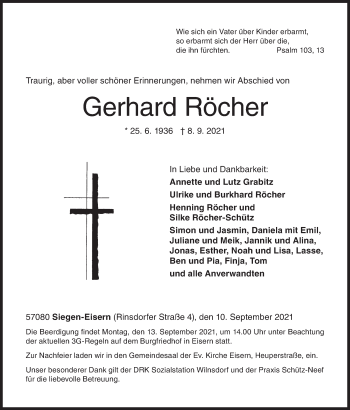Traueranzeige von Gerhard Röcher von Siegener Zeitung