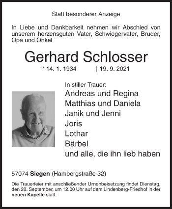 Traueranzeige von Gerhard Schlosser von Siegener Zeitung