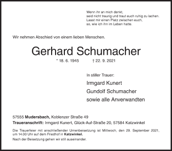 Traueranzeige von Gerhard Schumacher von Siegener Zeitung