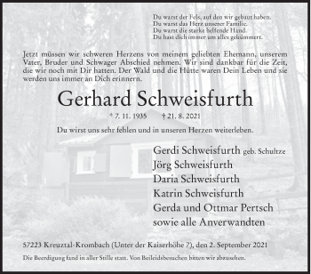 Traueranzeige von Gerhard Schweisfurth von Siegener Zeitung
