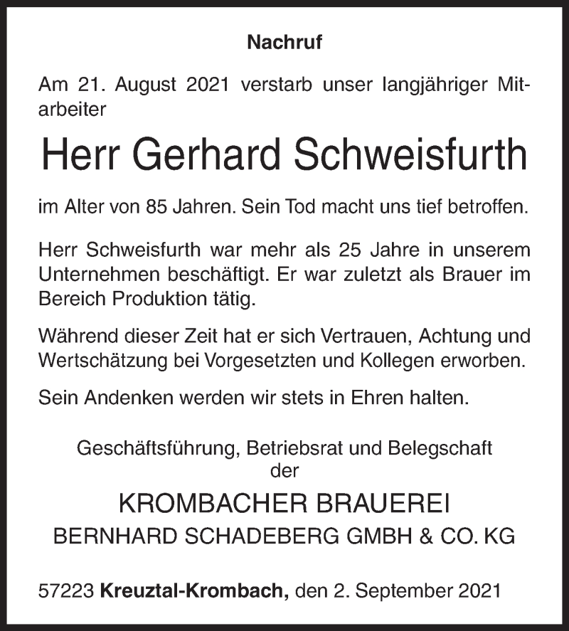  Traueranzeige für Gerhard Schweisfurth vom 02.09.2021 aus Siegener Zeitung