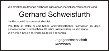 Traueranzeige von Gerhard Schweisfurth von Siegener Zeitung