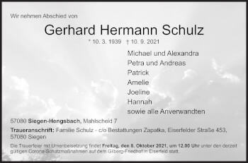 Traueranzeige von Gerhard Hermann Schulz von Siegener Zeitung