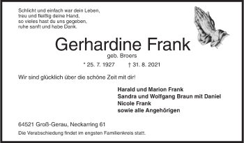 Traueranzeige von Gerhardine Frank von Siegener Zeitung