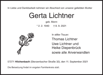 Traueranzeige von Gerta Lichtner von Siegener Zeitung