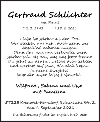 Traueranzeige von Gertraud Schlichter von Siegener Zeitung