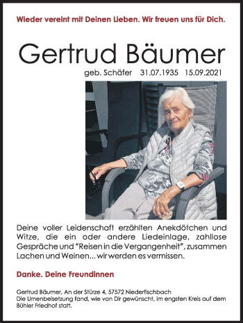 Traueranzeige von Gertrud Bäumer von Siegener Zeitung