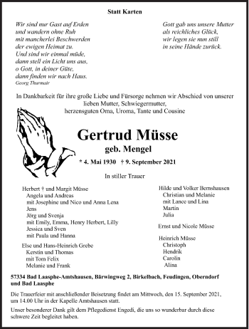 Traueranzeige von Gertrud Müsse von Siegener Zeitung