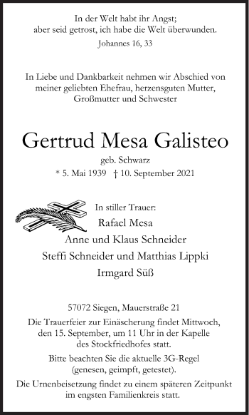 Traueranzeige von Gertrud Mesa Galisteo von Siegener Zeitung