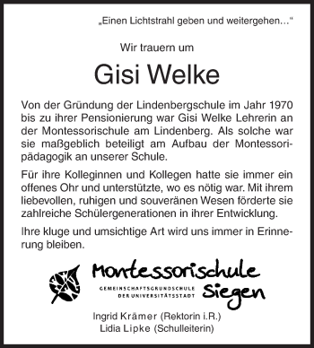 Traueranzeige von Gisi Welke von Siegener Zeitung