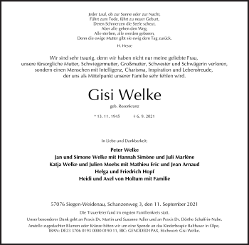 Traueranzeige von Gisi Welke von Siegener Zeitung