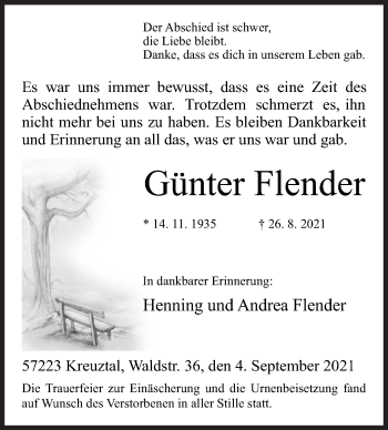 Traueranzeige von Günter Flender von Siegener Zeitung