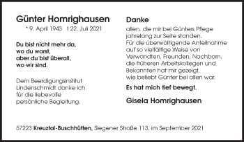 Traueranzeige von Günter Homrighausen von Siegener Zeitung