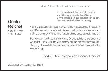 Traueranzeige von Günter Reichel von Siegener Zeitung