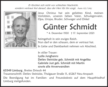 Traueranzeige von Günter Schmidt von Siegener Zeitung