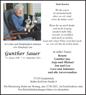 Traueranzeige von Gunther Sauer von Siegener Zeitung
