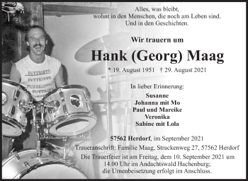 Traueranzeige von Hank Maag von Siegener Zeitung