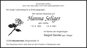 Traueranzeige von Hanna Seliger von Siegener Zeitung
