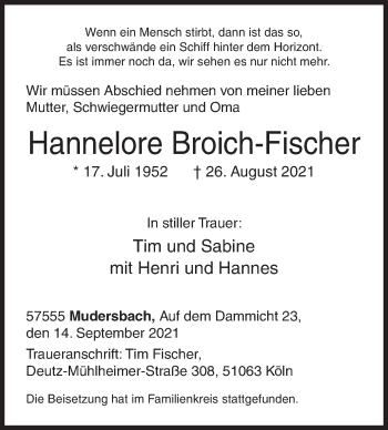 Traueranzeige von Hannelore Broich-Fischer von Siegener Zeitung
