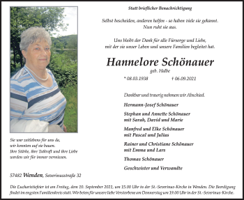 Traueranzeige von Hannelore Schönauer von Siegener Zeitung