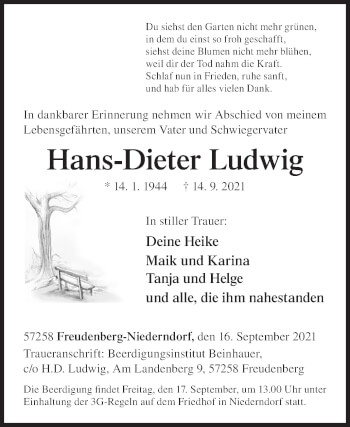 Traueranzeige von Hans-Dieter Ludwig von Siegener Zeitung