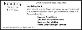 Traueranzeige von Hans Eling von Siegener Zeitung