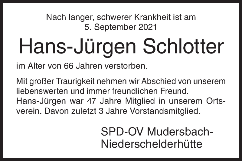  Traueranzeige für Hans-Jürgen Schlotter vom 11.09.2021 aus Siegener Zeitung