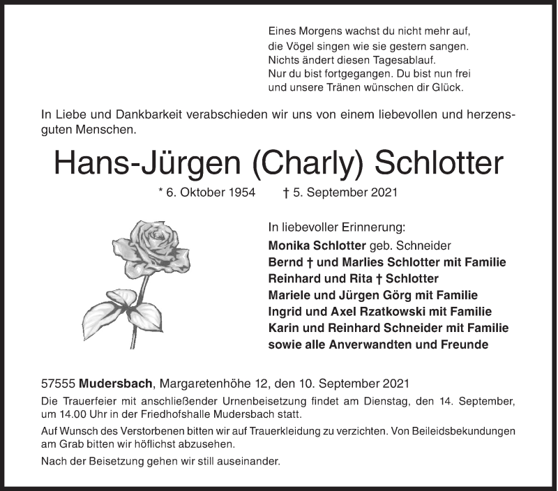  Traueranzeige für Hans-Jürgen Schlotter vom 10.09.2021 aus Siegener Zeitung