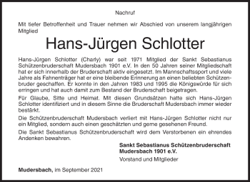 Traueranzeige von Hans-Jürgen Schlotter von Siegener Zeitung