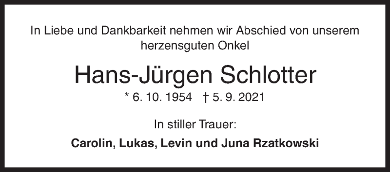  Traueranzeige für Hans-Jürgen Schlotter vom 10.09.2021 aus Siegener Zeitung