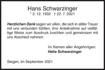 Traueranzeige von Hans Schwarzinger von Siegener Zeitung