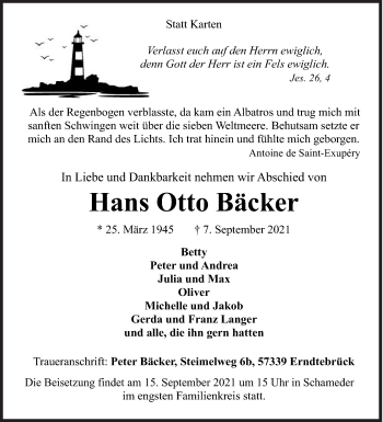 Traueranzeige von Hans Otto Bäcker von Siegener Zeitung
