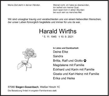 Traueranzeige von Harald Wirths von Siegener Zeitung