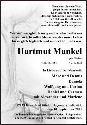 Traueranzeige von Hartmut Mankel von Siegener Zeitung