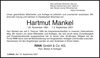 Traueranzeige von Hartmut Mankel von Siegener Zeitung