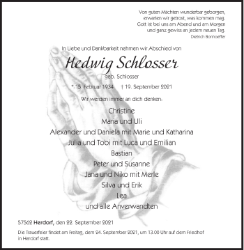 Traueranzeige von Hedwig Schlosser von Siegener Zeitung