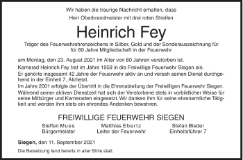 Traueranzeige von Heinrich Fey von Siegener Zeitung
