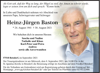 Traueranzeige von Heinz-Jürgen Baston von Siegener Zeitung