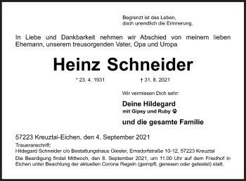 Traueranzeige von Heinz Schneider von Siegener Zeitung