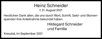 Traueranzeige von Heinz Schneider von Siegener Zeitung