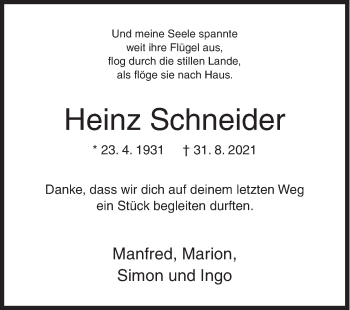 Traueranzeige von Heinz Schneider von Siegener Zeitung