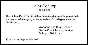Traueranzeige von Heinz Schupp von Siegener Zeitung