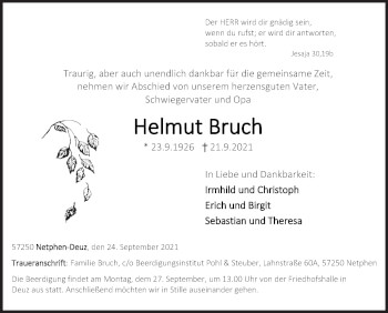 Traueranzeige von Helmut Bruch von Siegener Zeitung