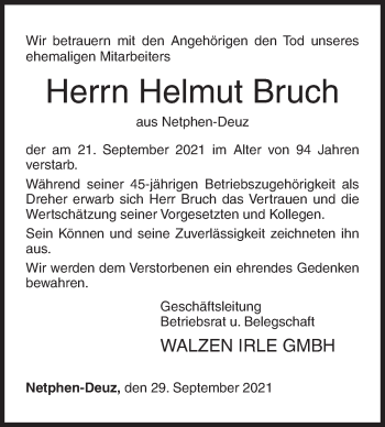 Traueranzeige von Helmut Bruch von Siegener Zeitung