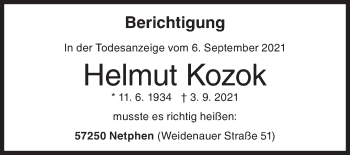 Traueranzeige von Helmut Kozok von Siegener Zeitung