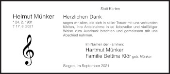 Traueranzeige von Helmut Münker von Siegener Zeitung